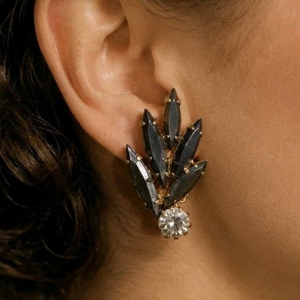 Vintage Juliana Clip On Black Navette & Clear Rhinestone Clip Climber Earrings